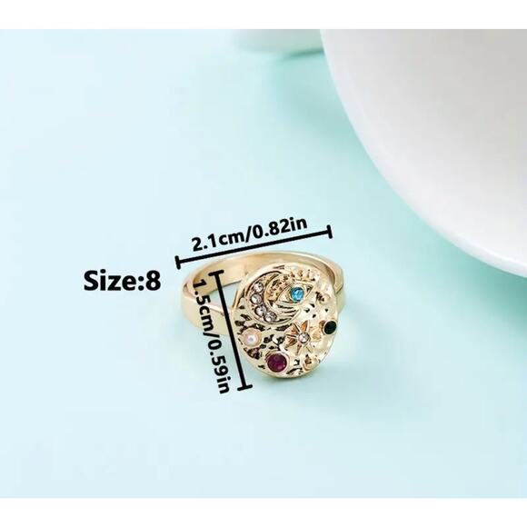 Celestial Star Moon Signet Ring Gold Tone Alloy Zirconia Sparkles Sizes 7 & 8 - Picture 4 of 5